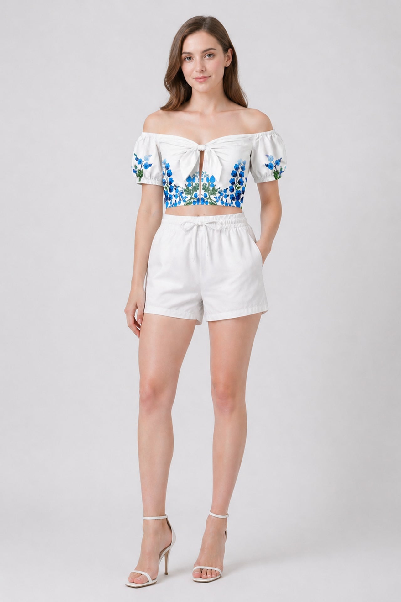 Blue Botanical Tie Front Bardot Crop Top with Puff Sleeves