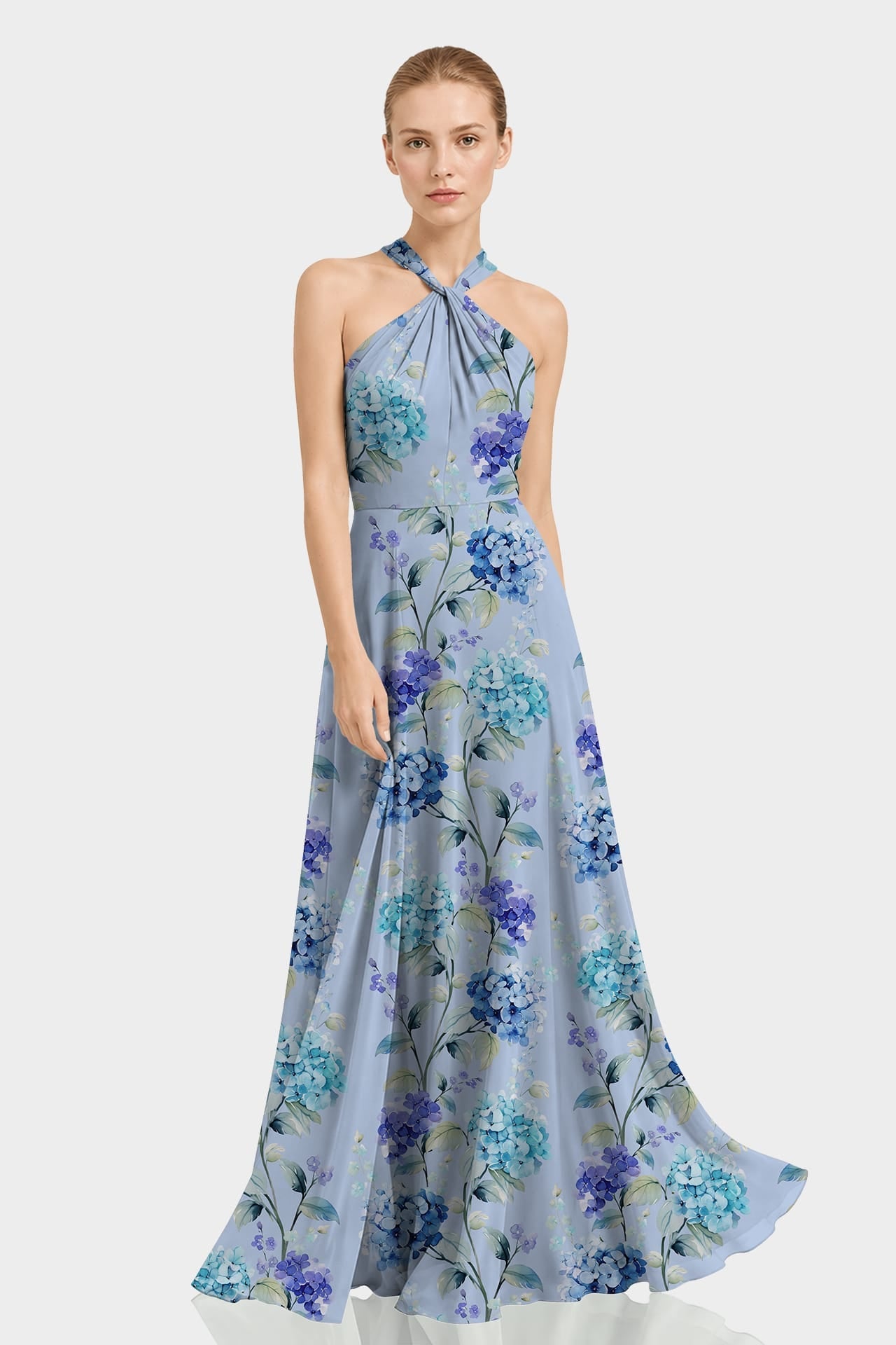 Blue Floral Print Twist Halter Maxi Dress