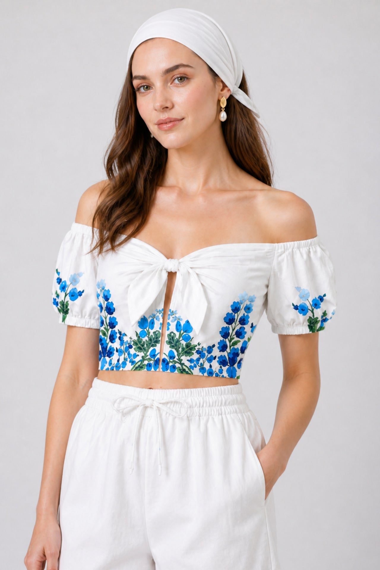 Blue Botanical Tie Front Bardot Crop Top with Puff Sleeves