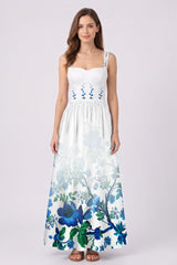 Blue Floral Cotton Poplin Bustier Maxi Dress