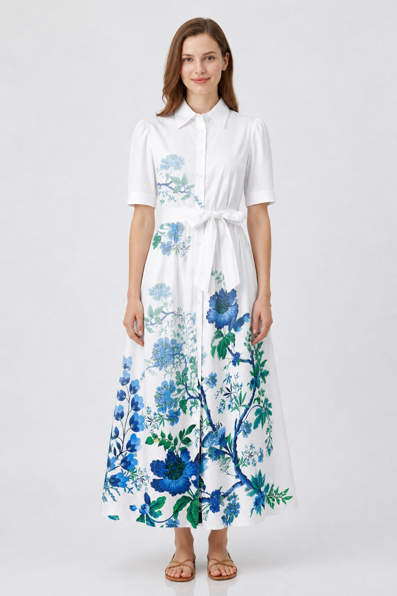 Blue Floral Cotton Poplin Midi Shirt Dress