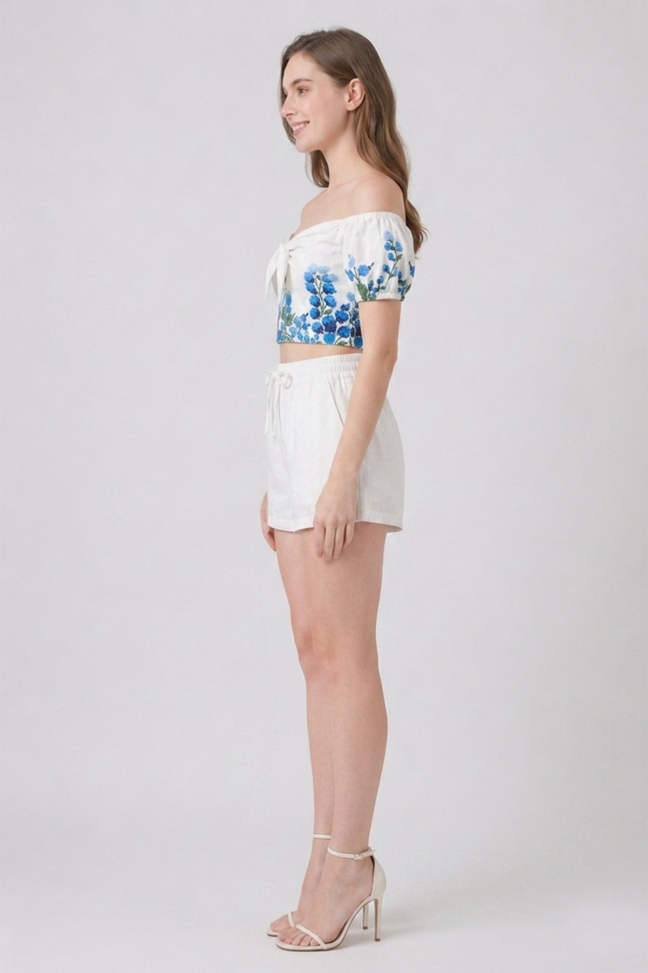 Blue Botanical Tie Front Bardot Crop Top with Puff Sleeves