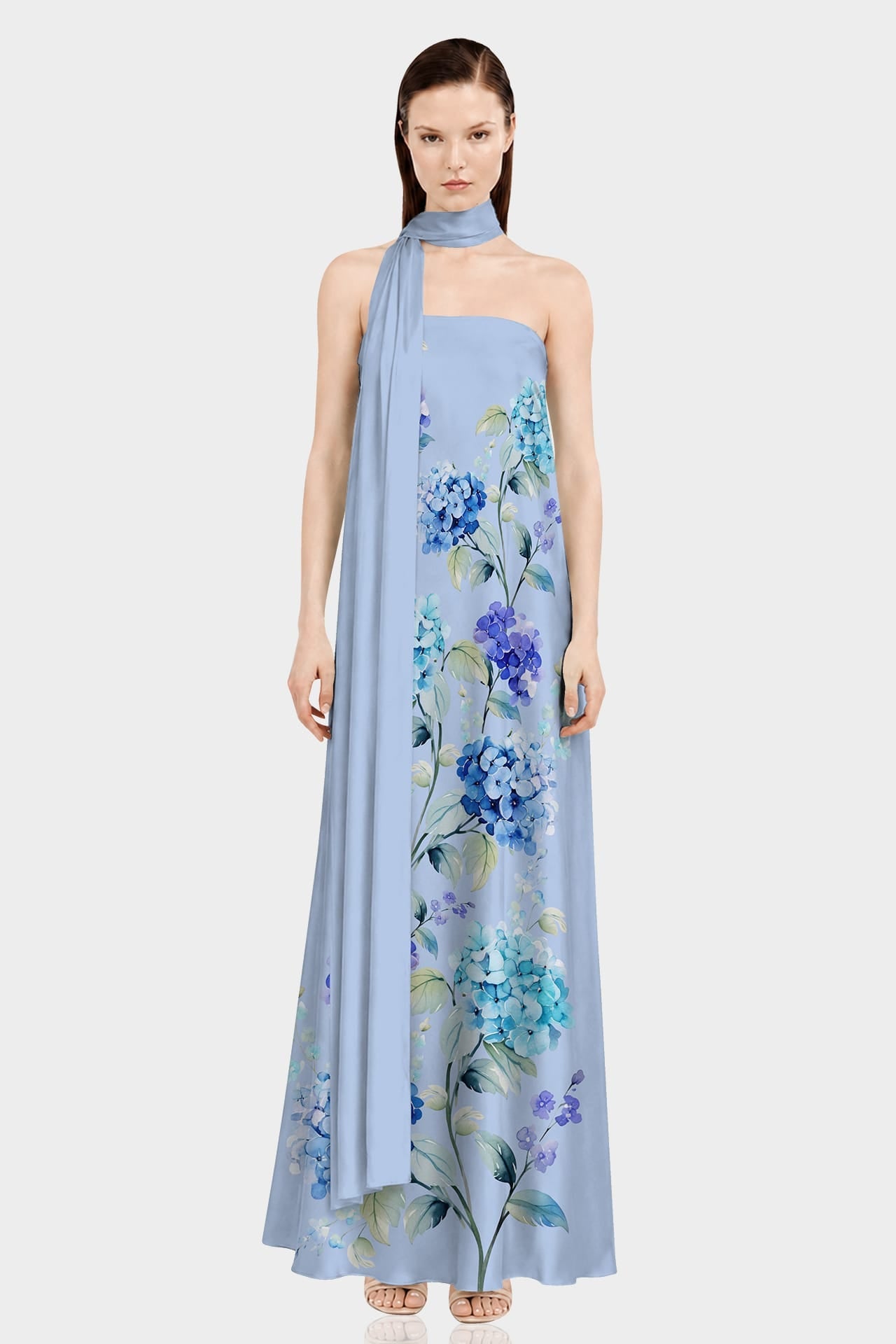 Blue Floral Print Strapless Satin Maxi Dress with Scarf