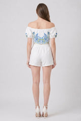 Blue Botanical Tie Front Bardot Crop Top with Puff Sleeves