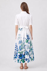 Blue Floral Cotton Poplin Midi Shirt Dress