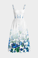 Blue Floral Cotton Poplin Bustier Maxi Dress