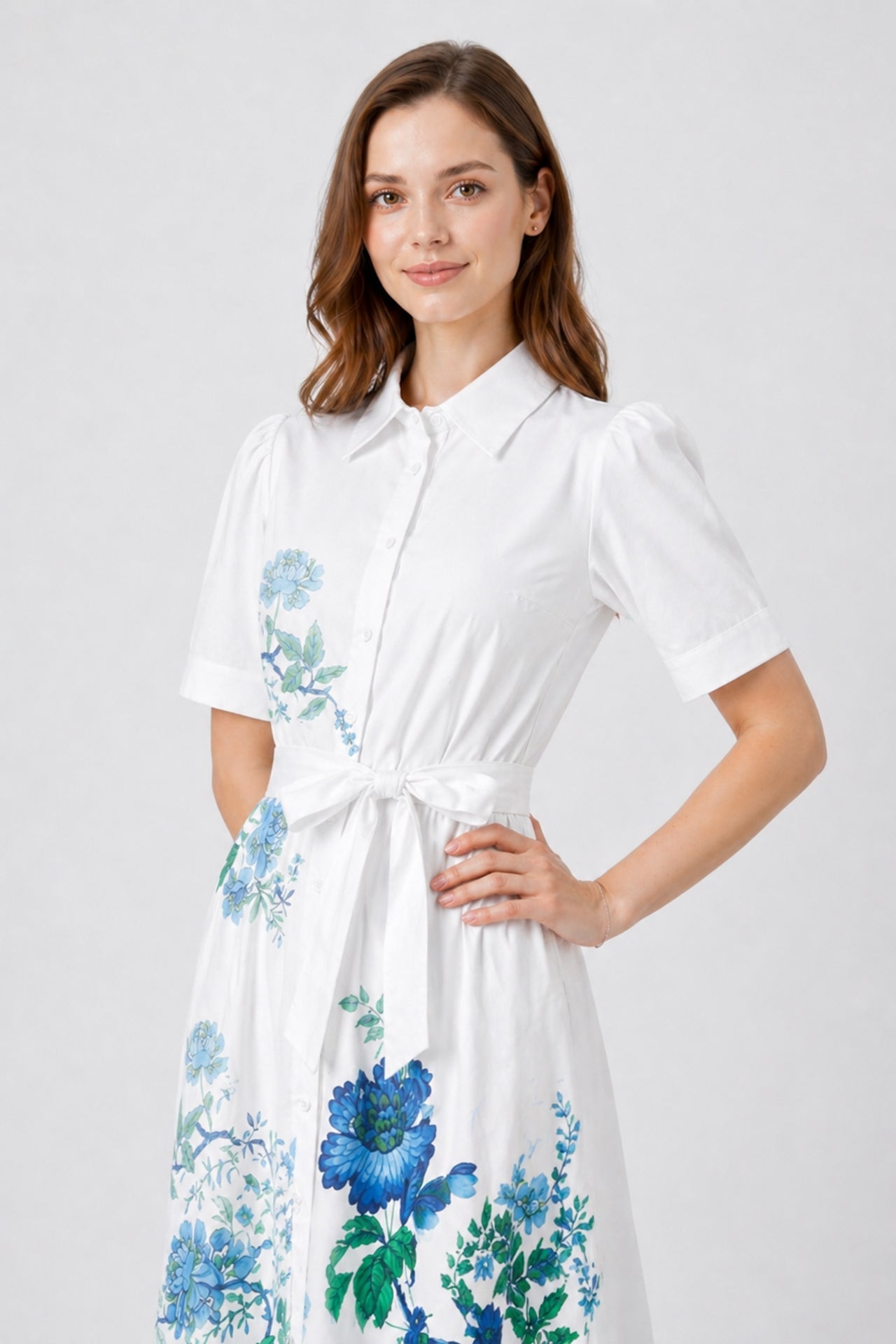 Blue Floral Cotton Poplin Midi Shirt Dress