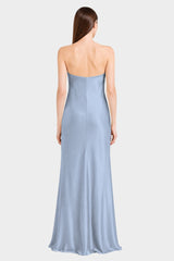 Blue Floral Print Strapless Satin Maxi Dress with Scarf