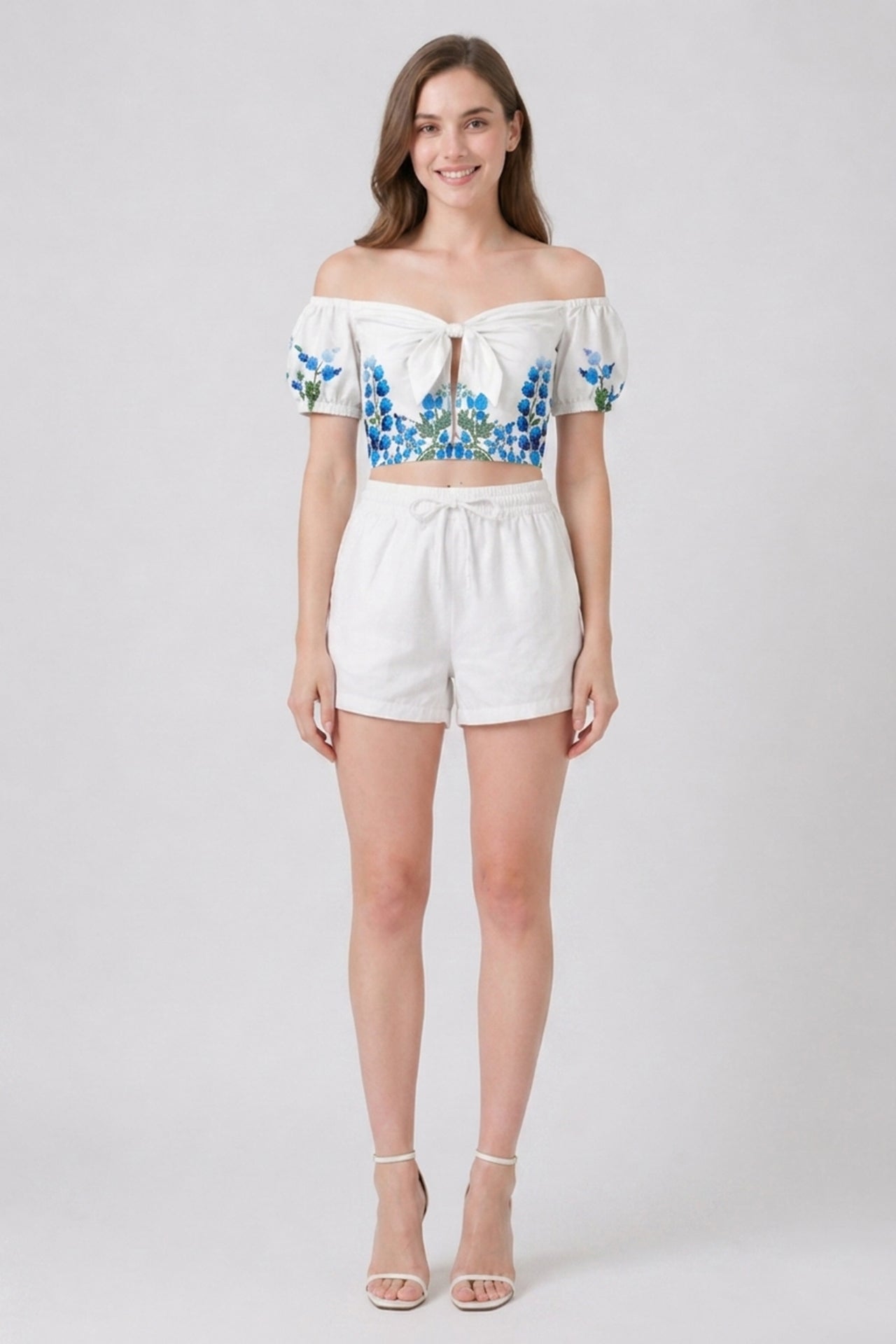 Blue Botanical Tie Front Bardot Crop Top with Puff Sleeves