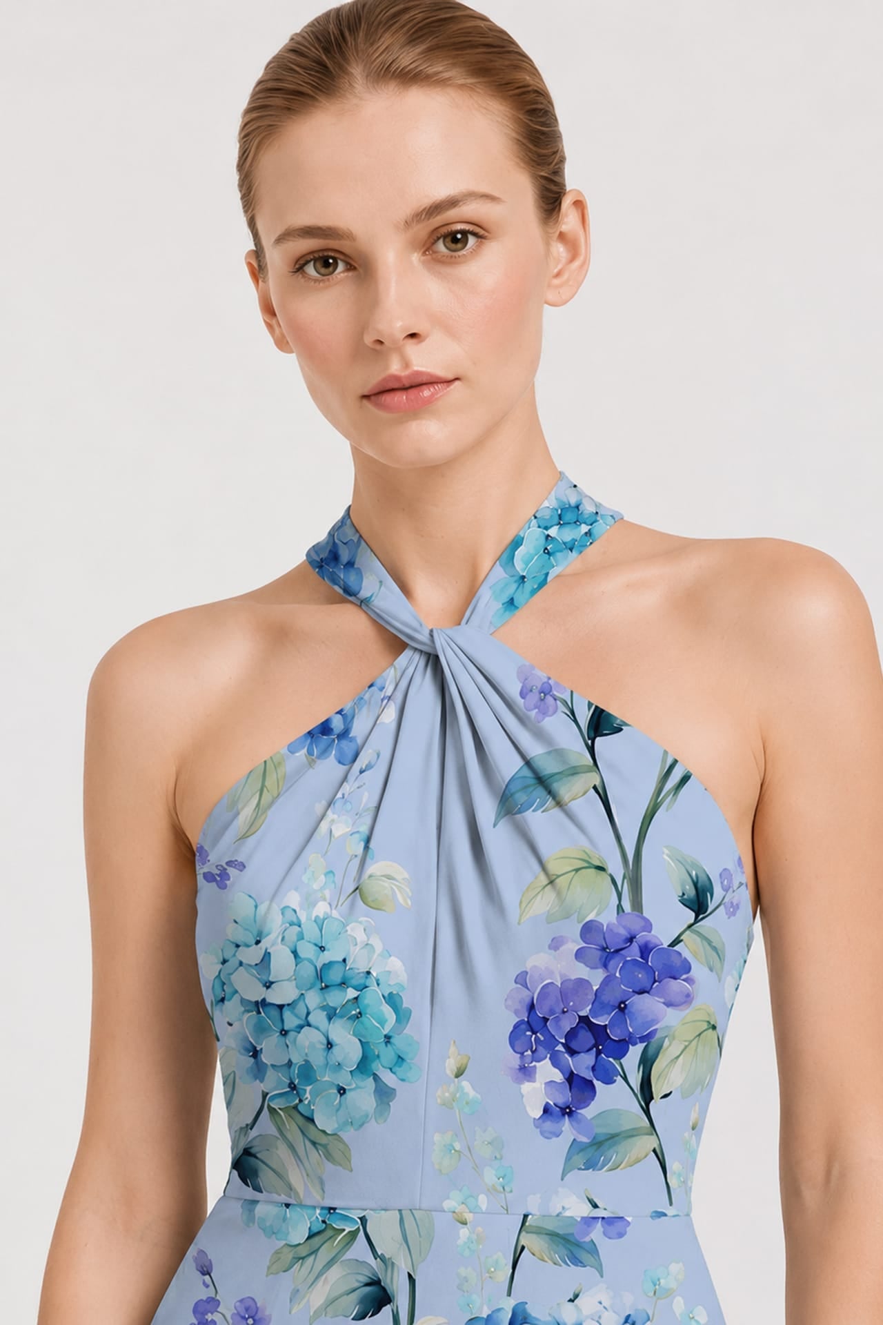 Blue Floral Print Twist Halter Maxi Dress