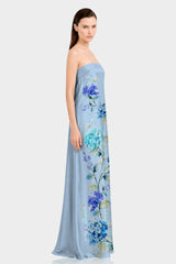 Blue Floral Print Strapless Satin Maxi Dress with Scarf