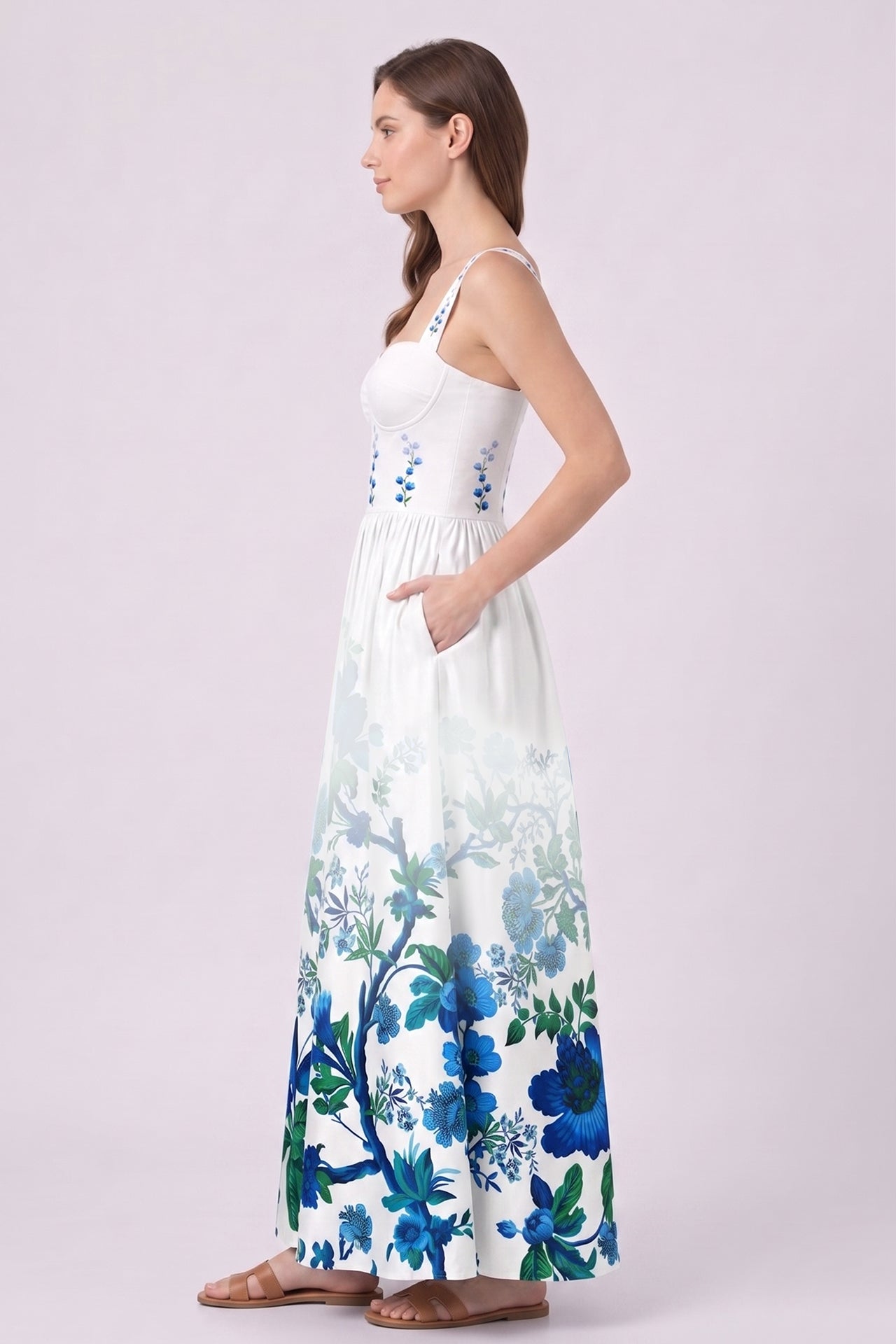 Blue Floral Cotton Poplin Bustier Maxi Dress