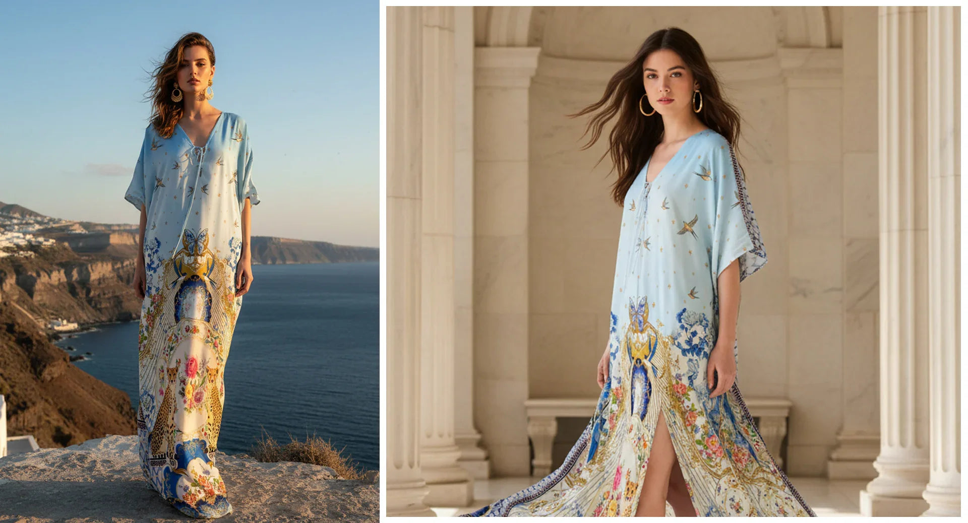 Blue Romanticism Print Viscose Silk Convertible Kaftan