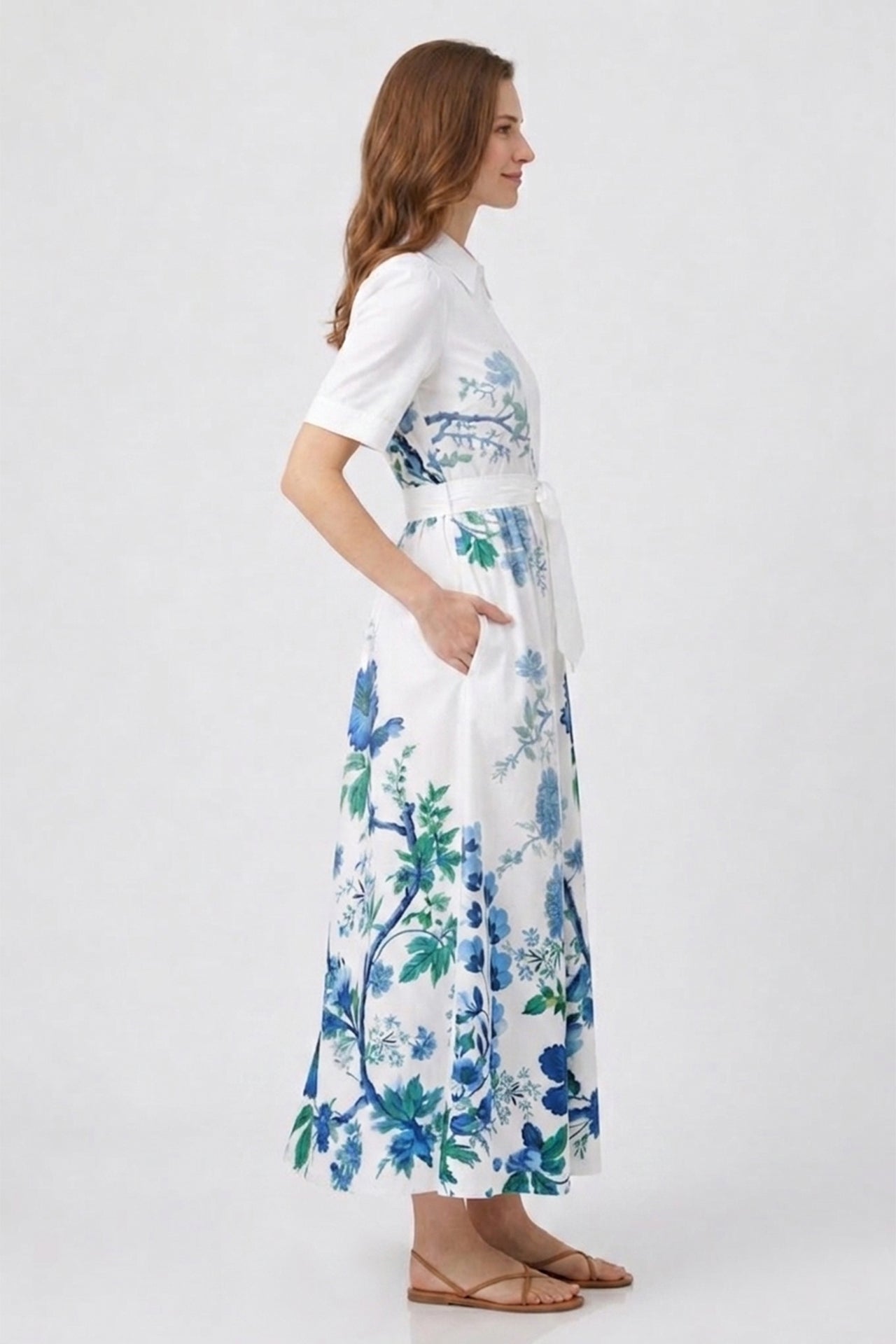 Blue Floral Cotton Poplin Midi Shirt Dress