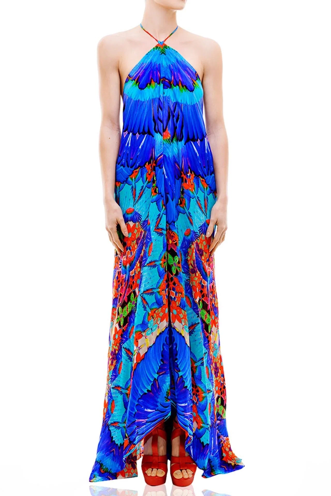 Blue Animal Print Silk Scarf Maxi Dress