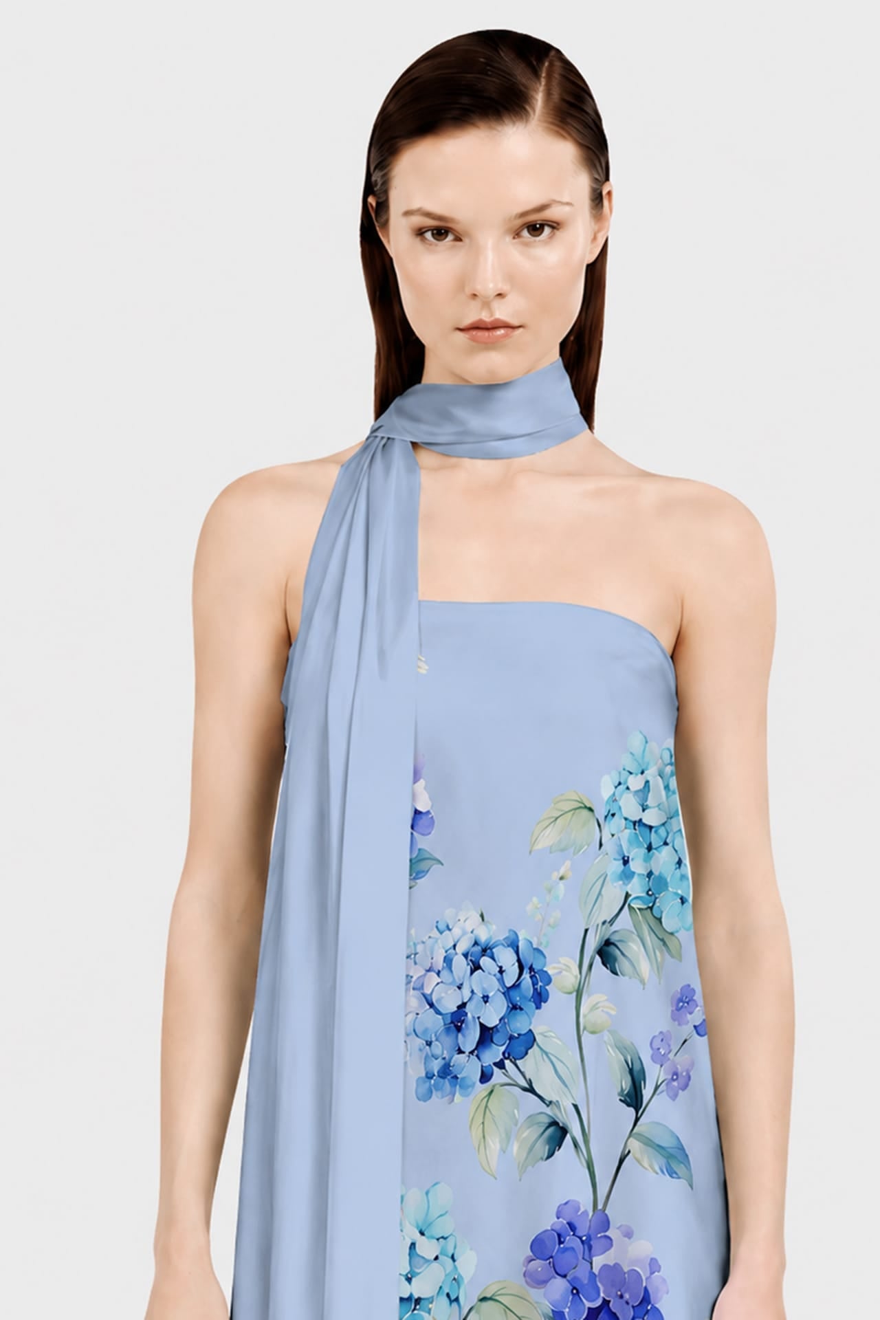 Blue Floral Print Strapless Satin Maxi Dress with Scarf