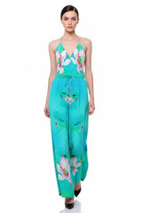 Backless Floral Print Jumpsuit In Green Envy