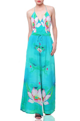 Backless Floral Print Jumpsuit In Green Envy
