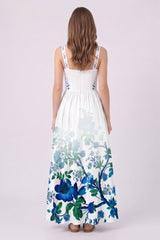 Blue Floral Cotton Poplin Bustier Maxi Dress