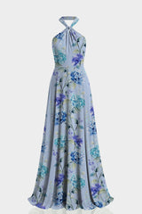 Blue Floral Print Twist Halter Maxi Dress