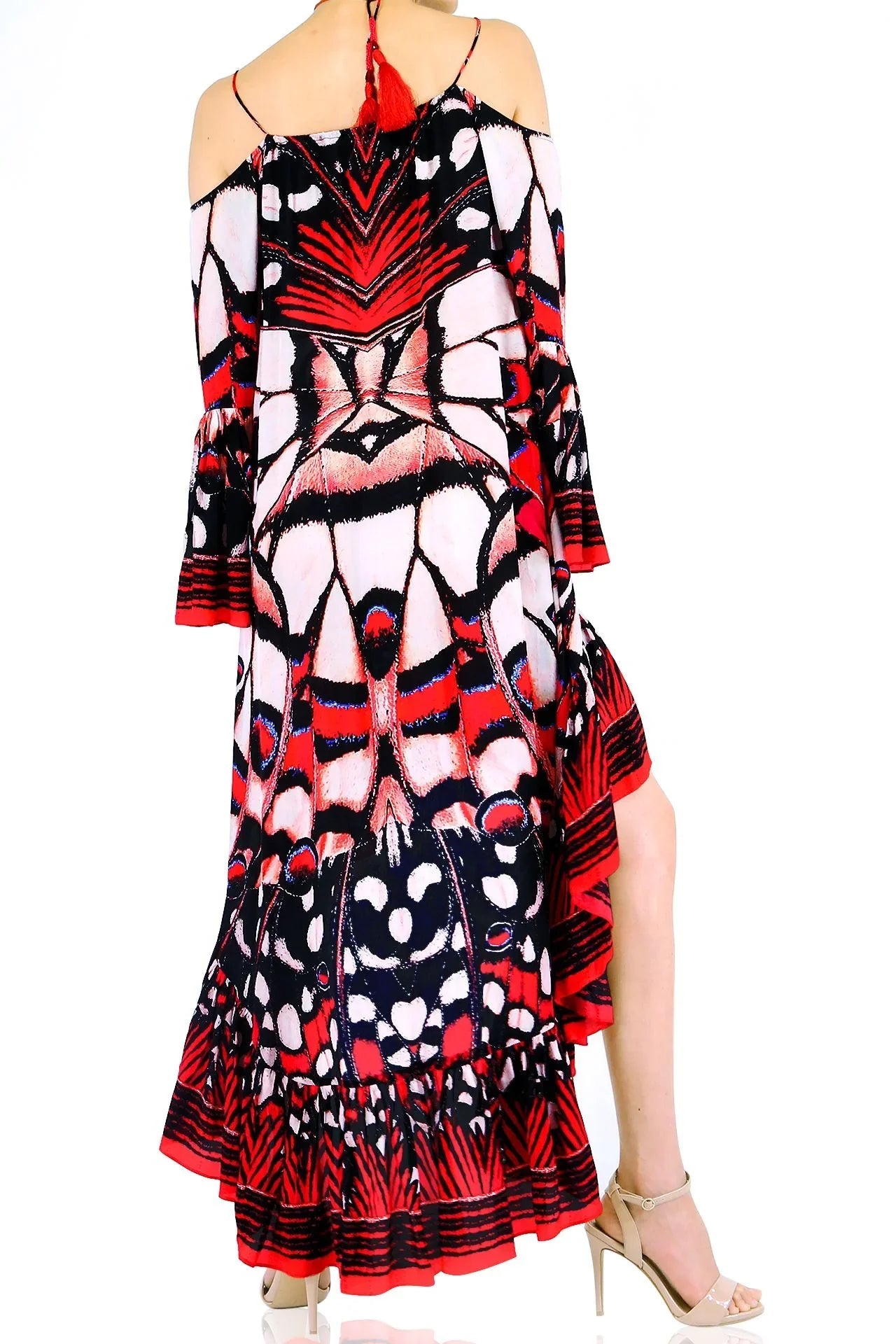 Annabella Butterfly-Print Handkerchief-Hem Off the Shoulder Dress