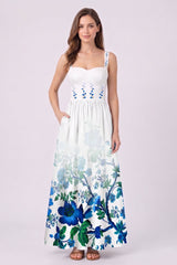 Blue Floral Cotton Poplin Bustier Maxi Dress