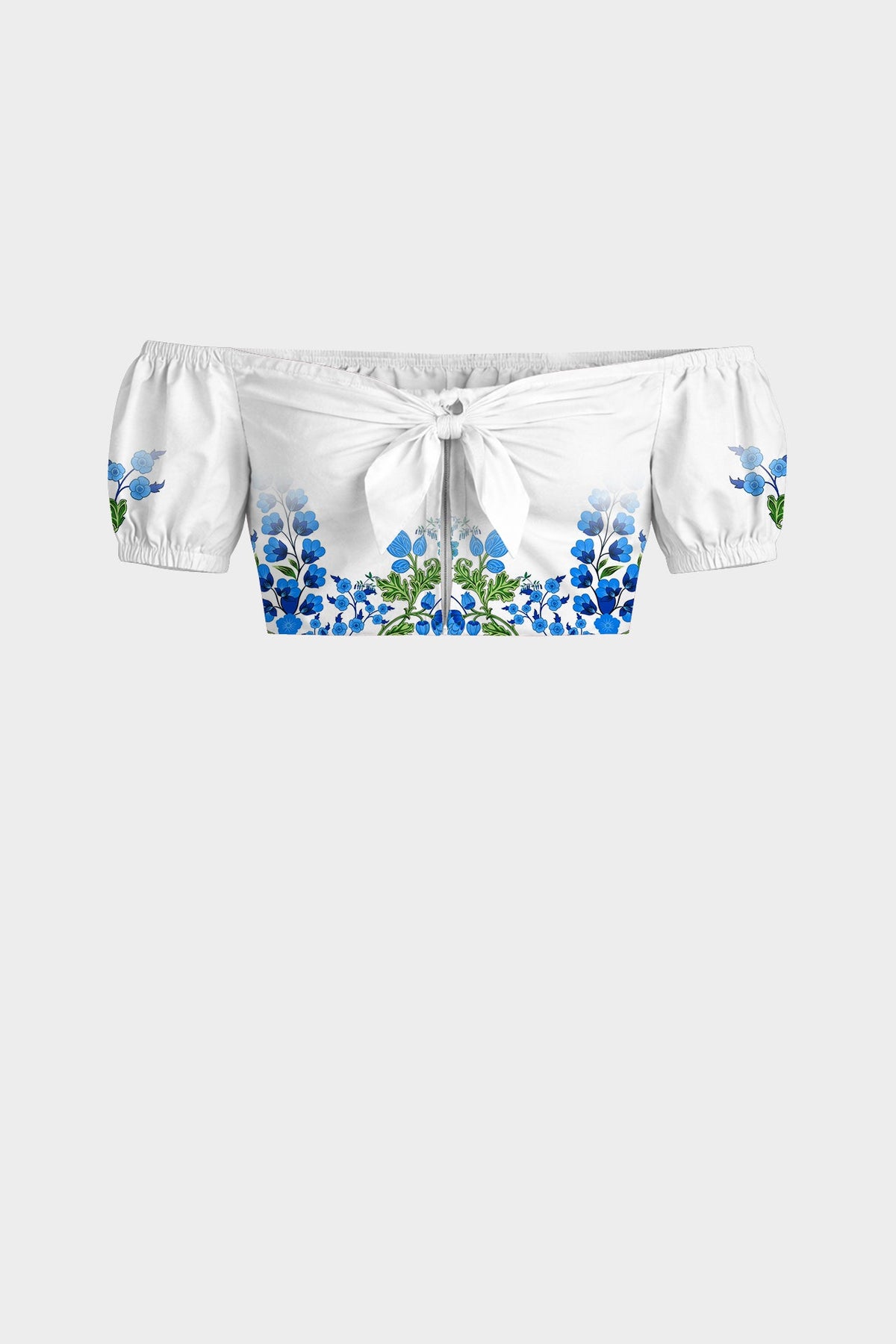 Blue Botanical Tie Front Bardot Crop Top with Puff Sleeves