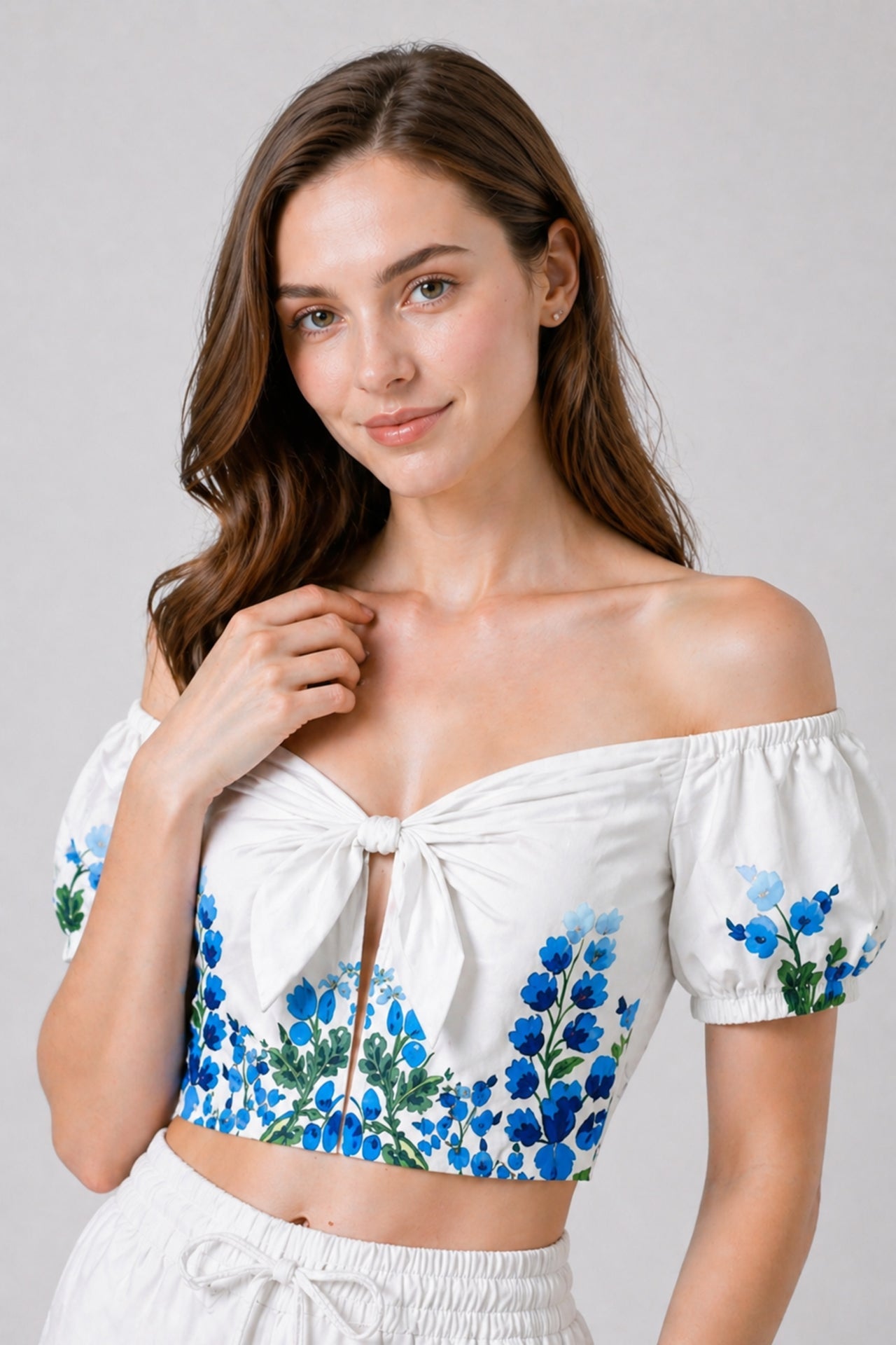 Blue Botanical Tie Front Bardot Crop Top with Puff Sleeves