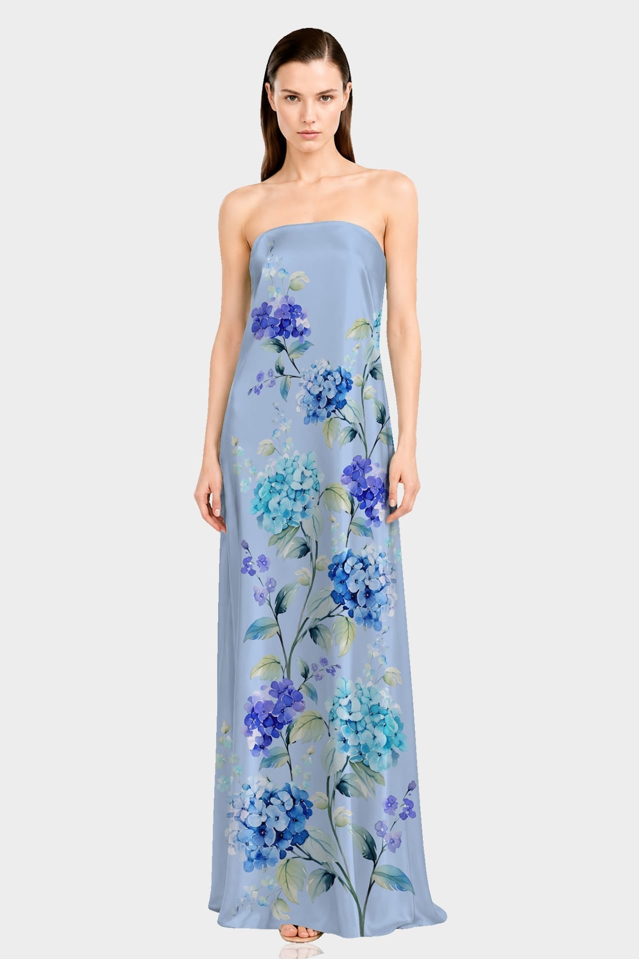 Blue Floral Print Strapless Satin Maxi Dress with Scarf