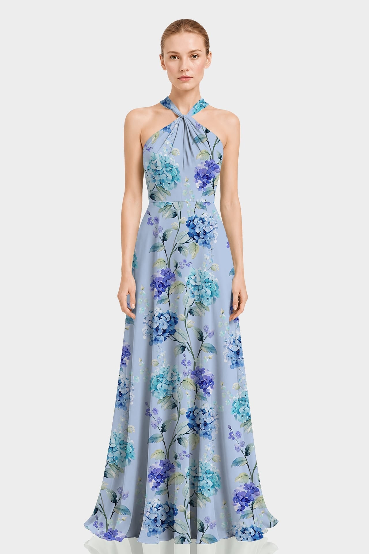 Blue Floral Print Twist Halter Maxi Dress