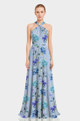 Blue Floral Print Twist Halter Maxi Dress