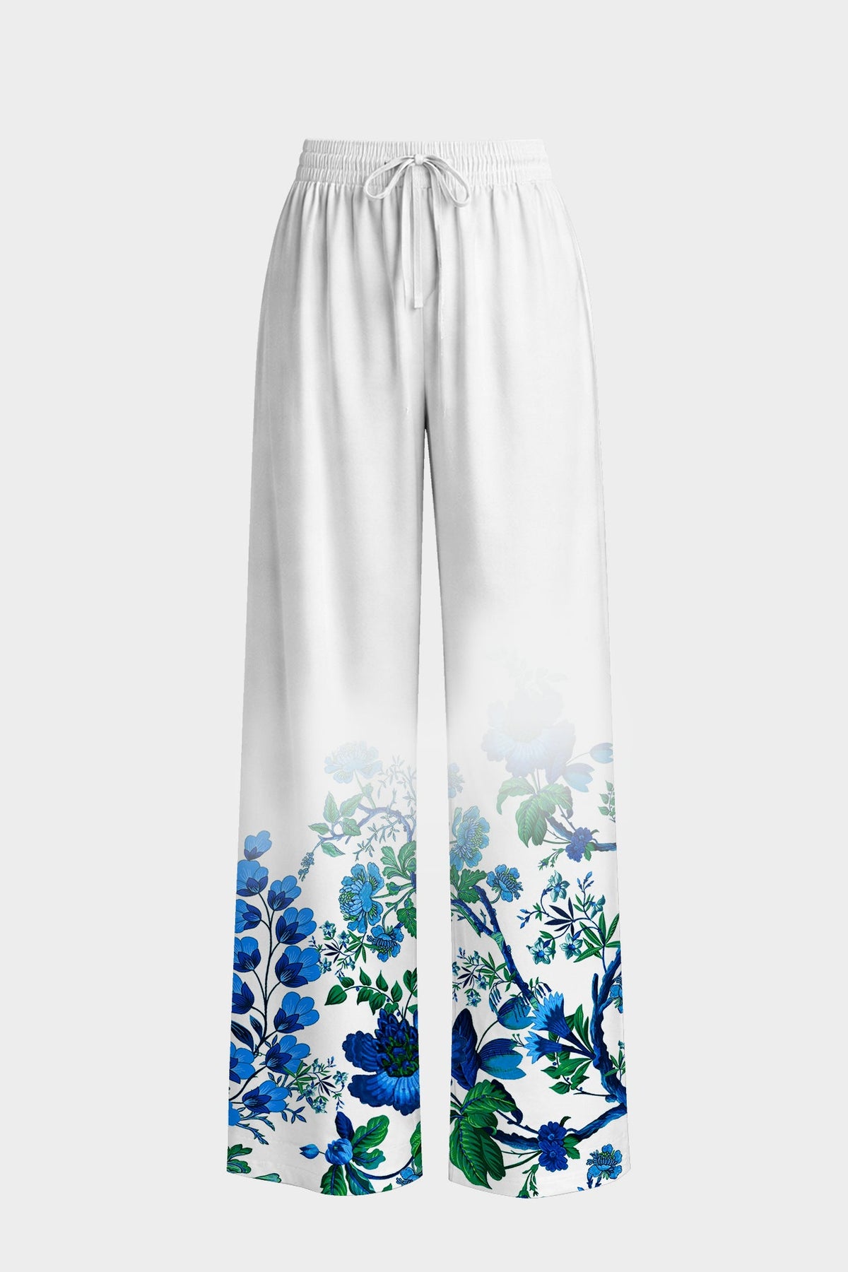Blue Botanical Summer Trousers with Drawstring Waist and Relaxed Resort Fit