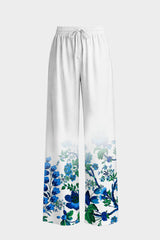 Blue Botanical Summer Trousers with Drawstring Waist and Relaxed Resort Fit