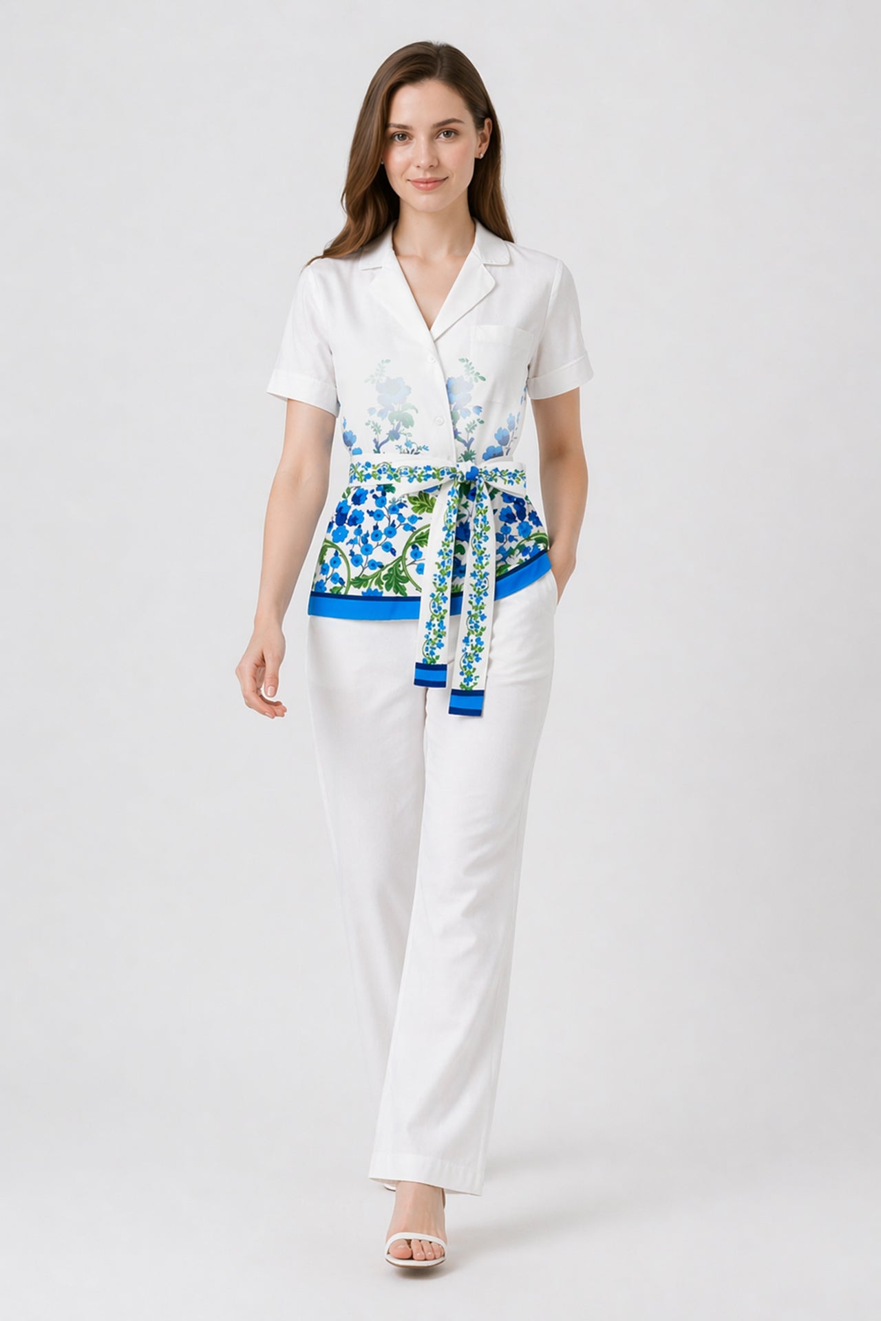 Blue Floral Belted Resort Top with Collar and Short Sleeves