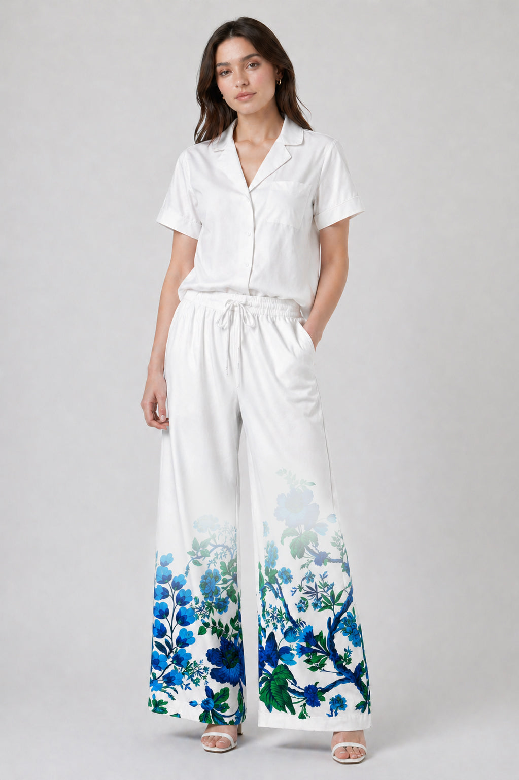 Blue Botanical Summer Trousers with Drawstring Waist and Relaxed Resort Fit