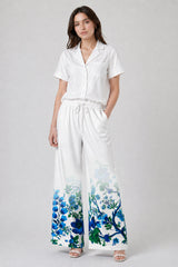 Blue Botanical Summer Trousers with Drawstring Waist and Relaxed Resort Fit