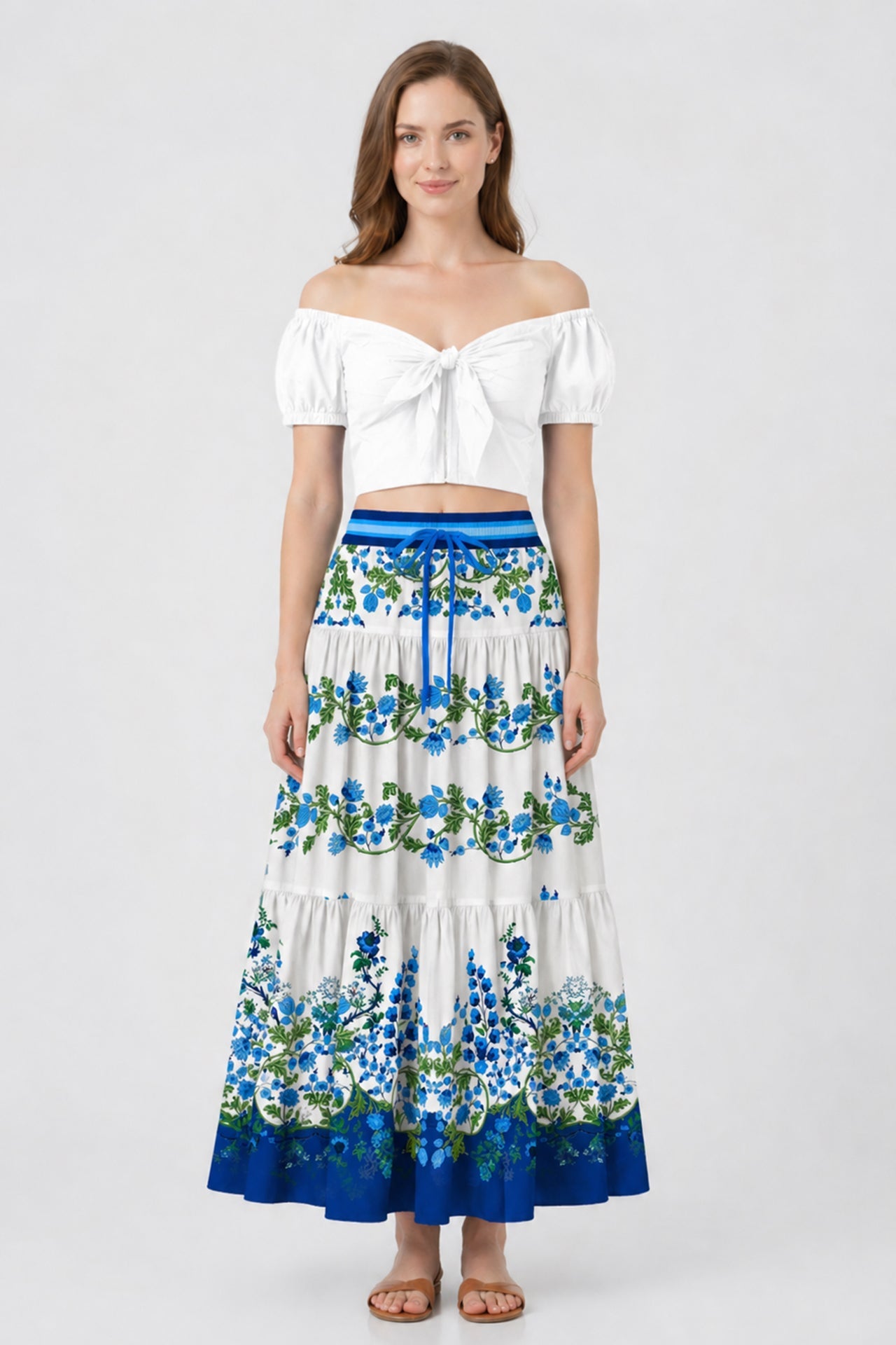 Blue Floral Multi Tier Maxi Skirt with Drawstring Waist