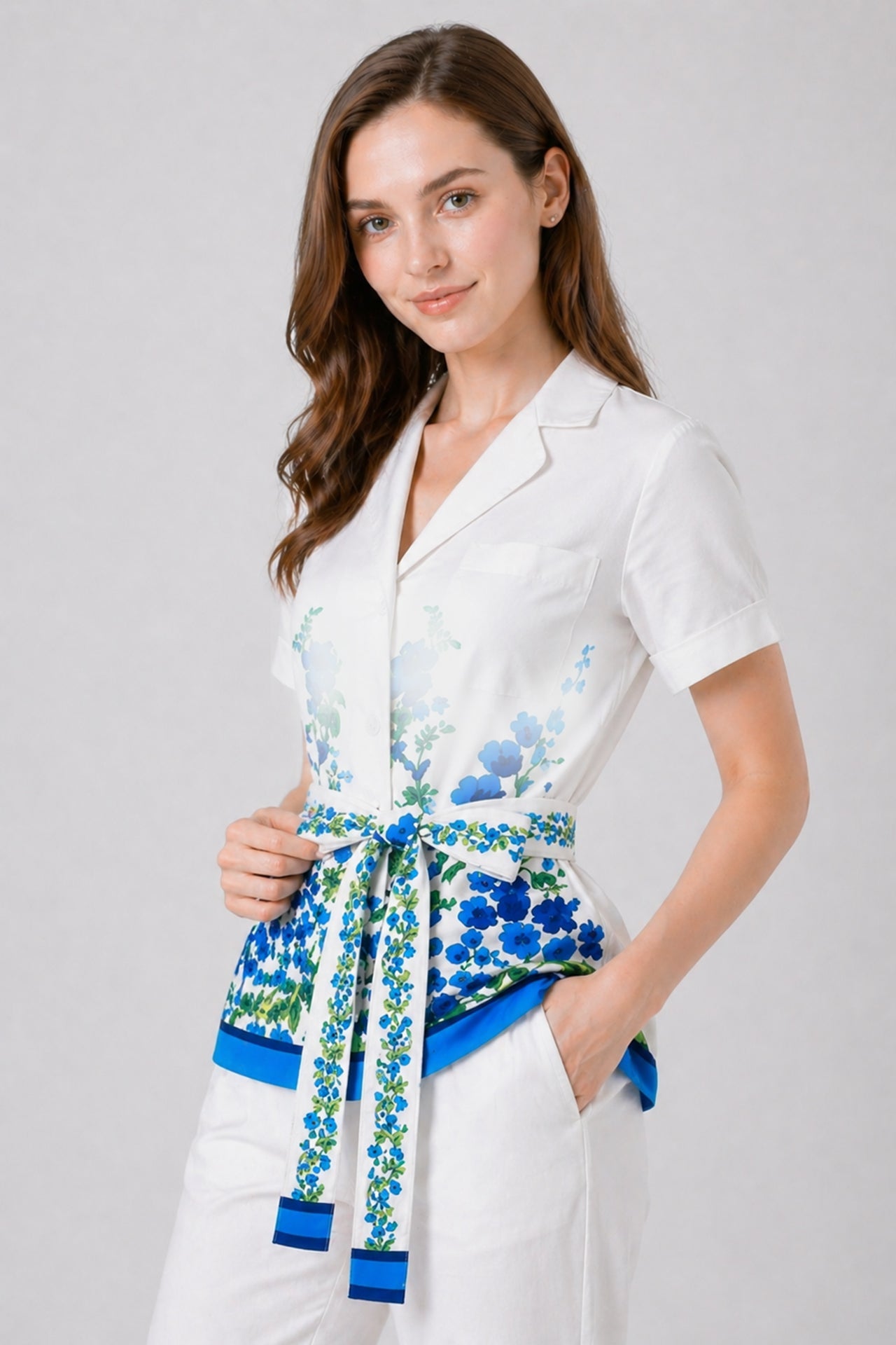 Blue Floral Belted Resort Top with Collar and Short Sleeves