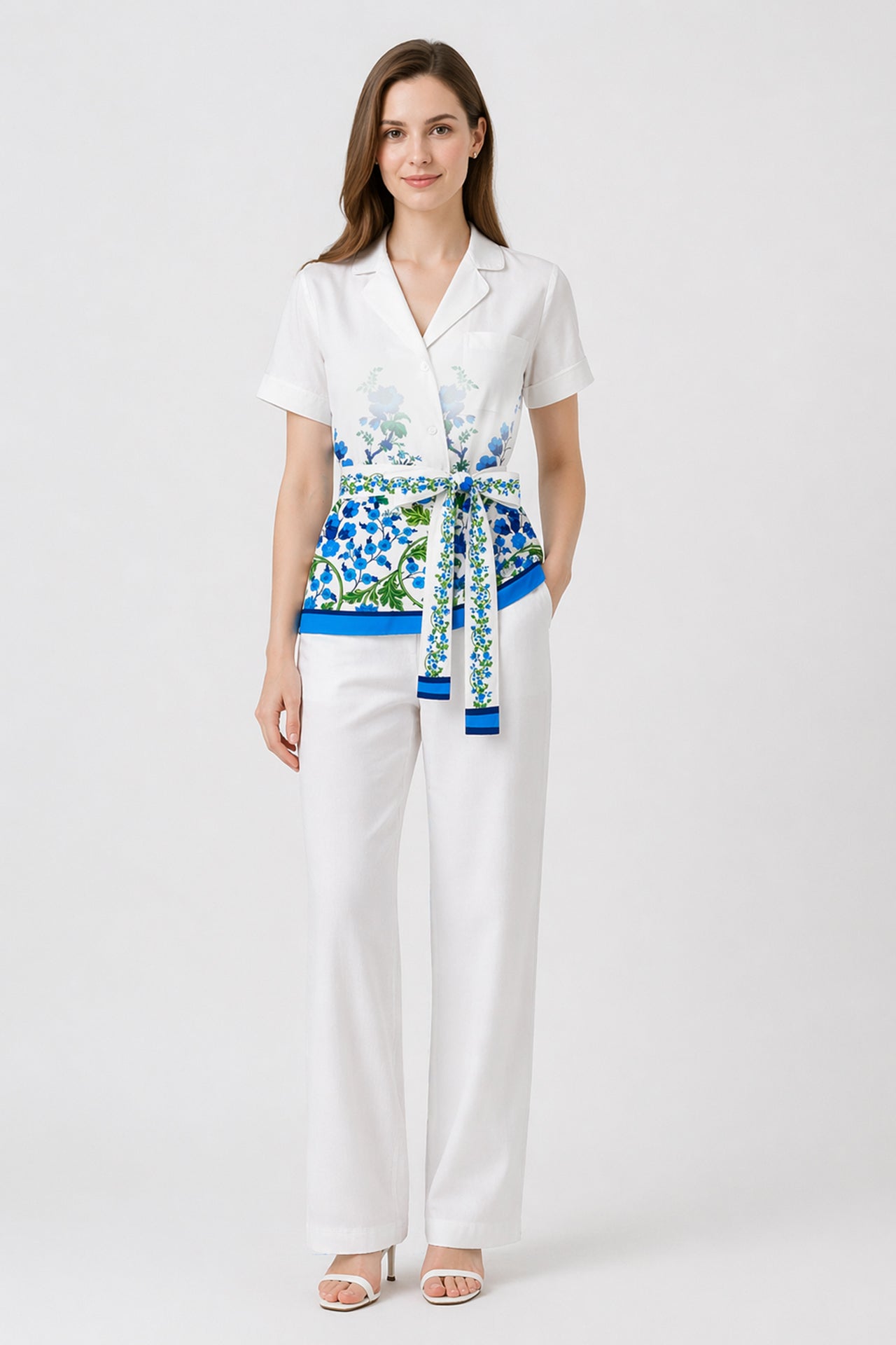 Blue Floral Belted Resort Top with Collar and Short Sleeves