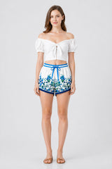 Blue Floral Drawstring Resort Shorts with Pockets