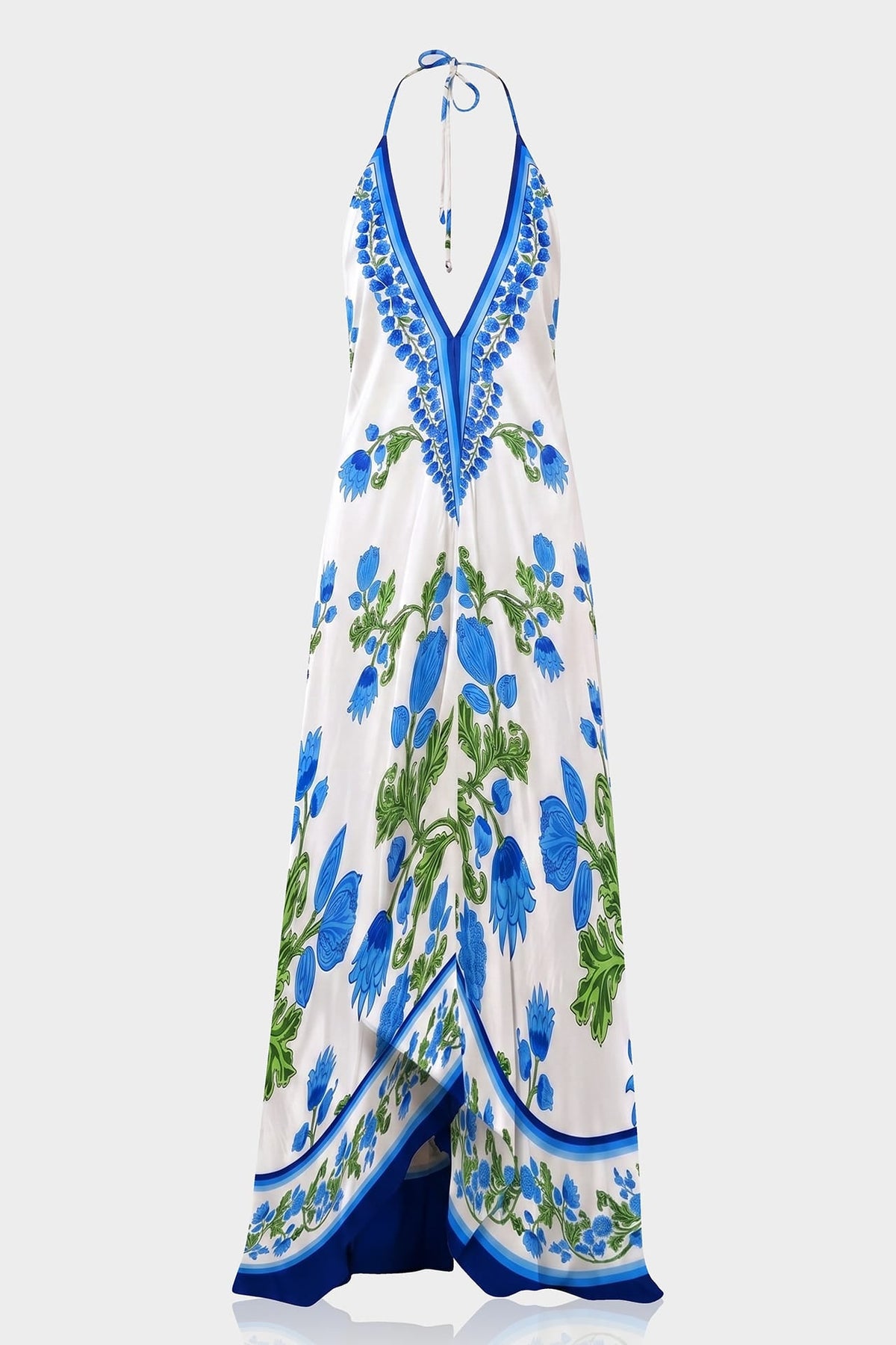 Blue Floral Halter Maxi Dress with Deep V Neckline and Open Back