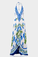 Blue Floral Halter Maxi Dress with Deep V Neckline and Open Back