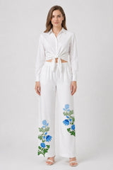Blue Botanical High Waisted Drawstring Pants with Pockets