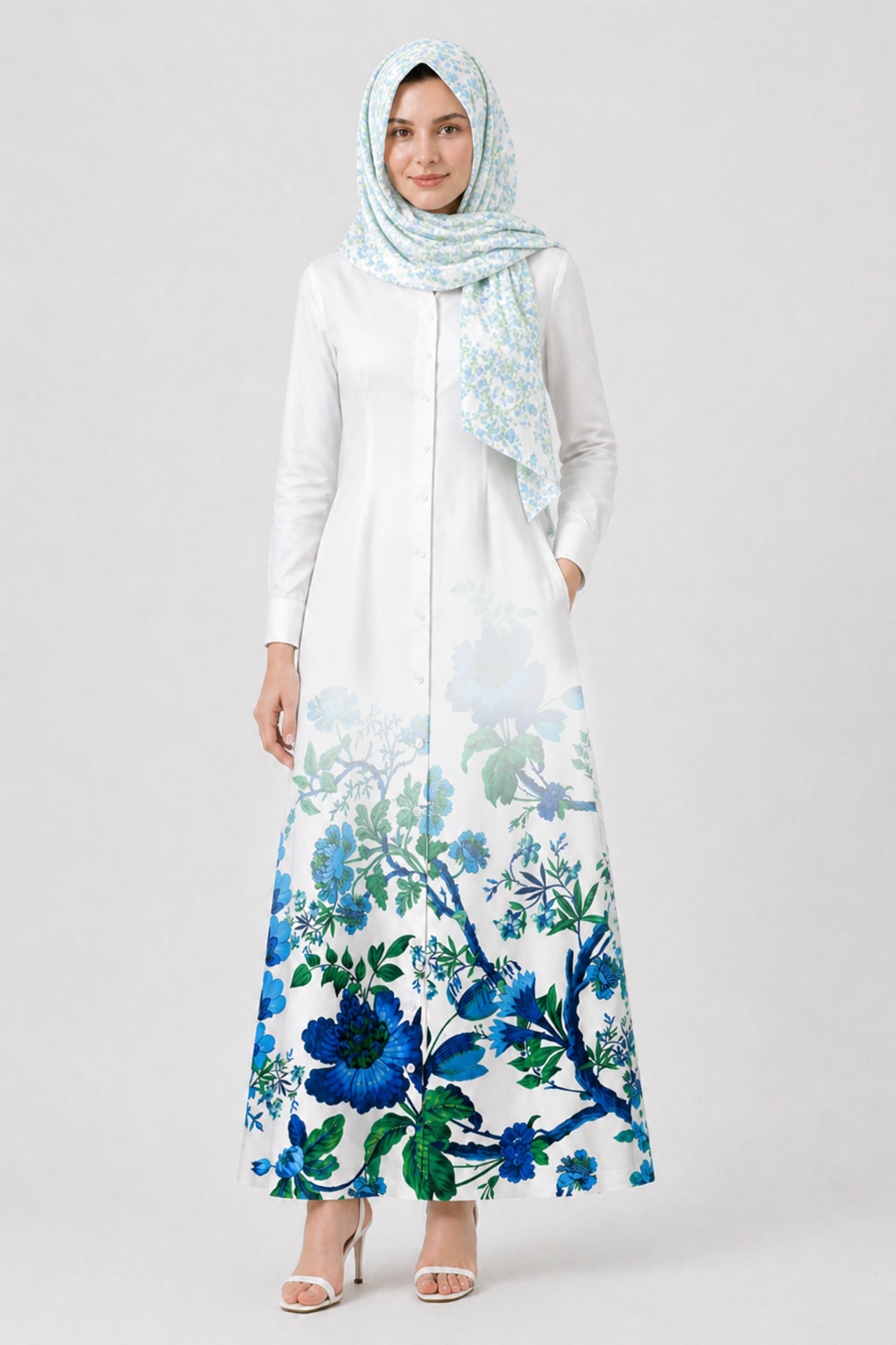 Blue Floral Maxi Shirt Dress with Pockets