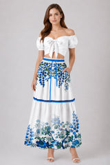 Blue Botanical Multi Tier Maxi Skirt with Drawstring Waist