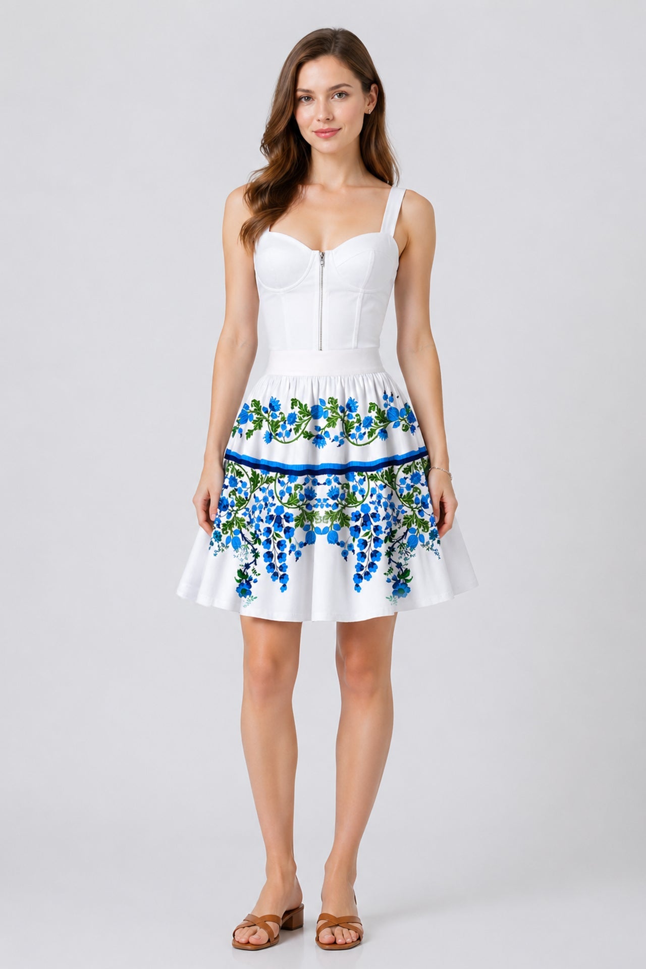 Blue Floral High Rise Mini Skirt with Tiered Hem