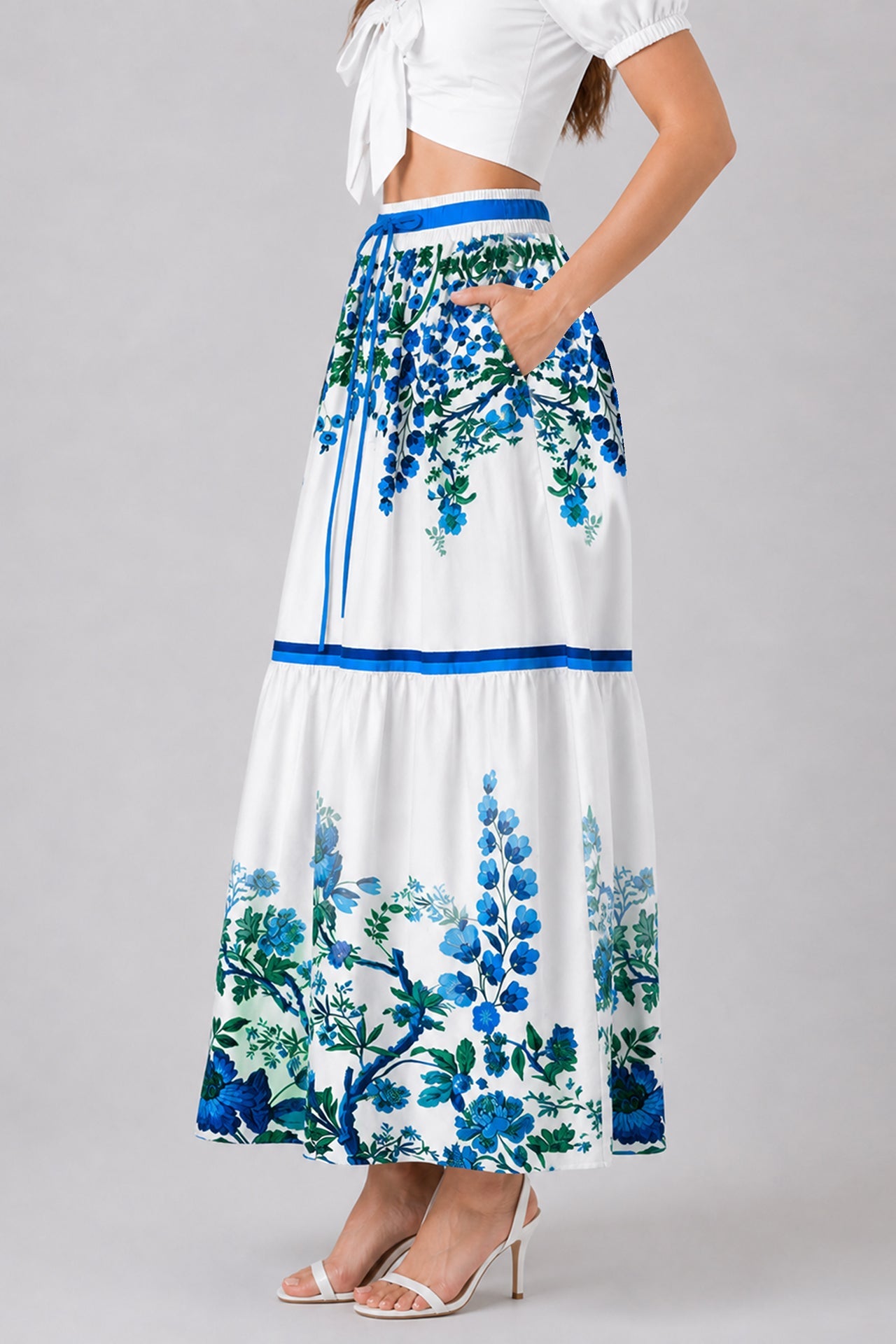 Blue Botanical Multi Tier Maxi Skirt with Drawstring Waist