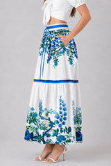 Blue Botanical Multi Tier Maxi Skirt with Drawstring Waist
