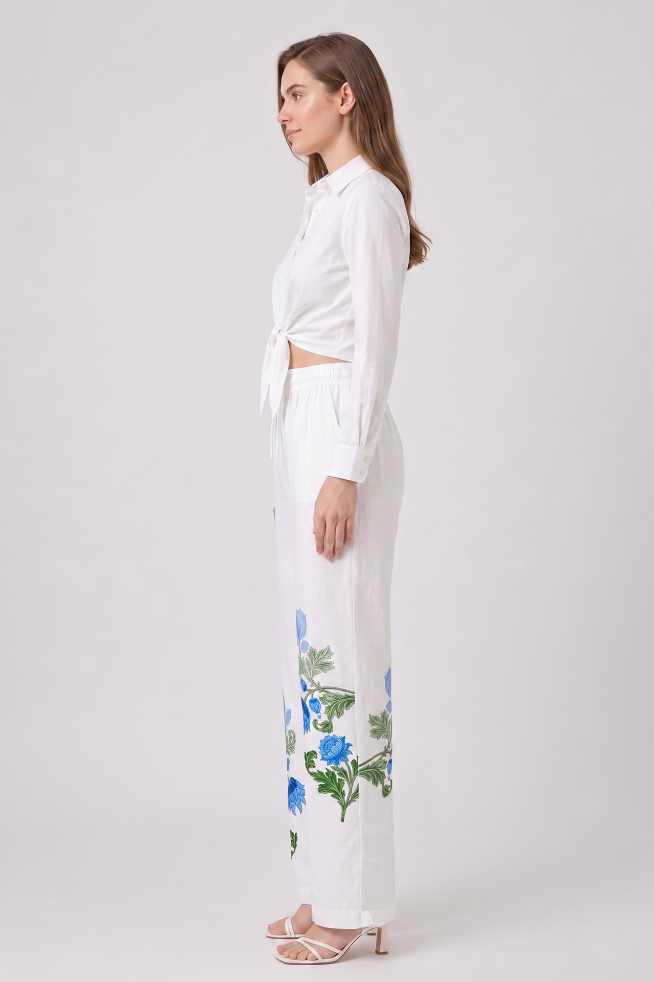 Blue Botanical High Waisted Drawstring Pants with Pockets
