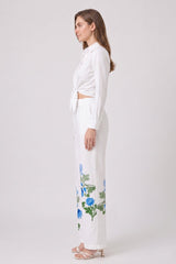 Blue Botanical High Waisted Drawstring Pants with Pockets